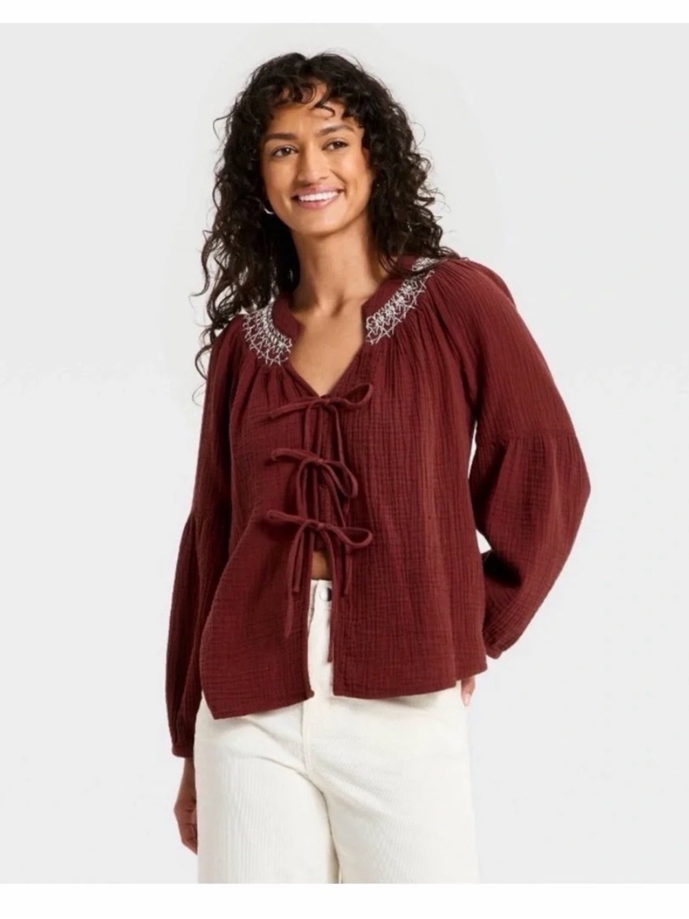 Universal Thread Burgundy Tie-Front Peasant Blouse